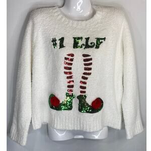 POOF Merry Christmas Sequin Elf Fuzzy Sweater White Women's Medium NWT